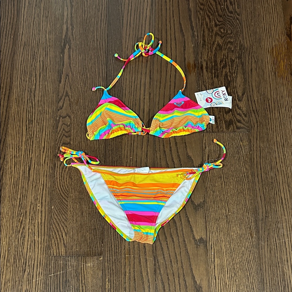 NWT Roxy Multicolor Striped Triangle Bikini - Bright Rainbow Sz L